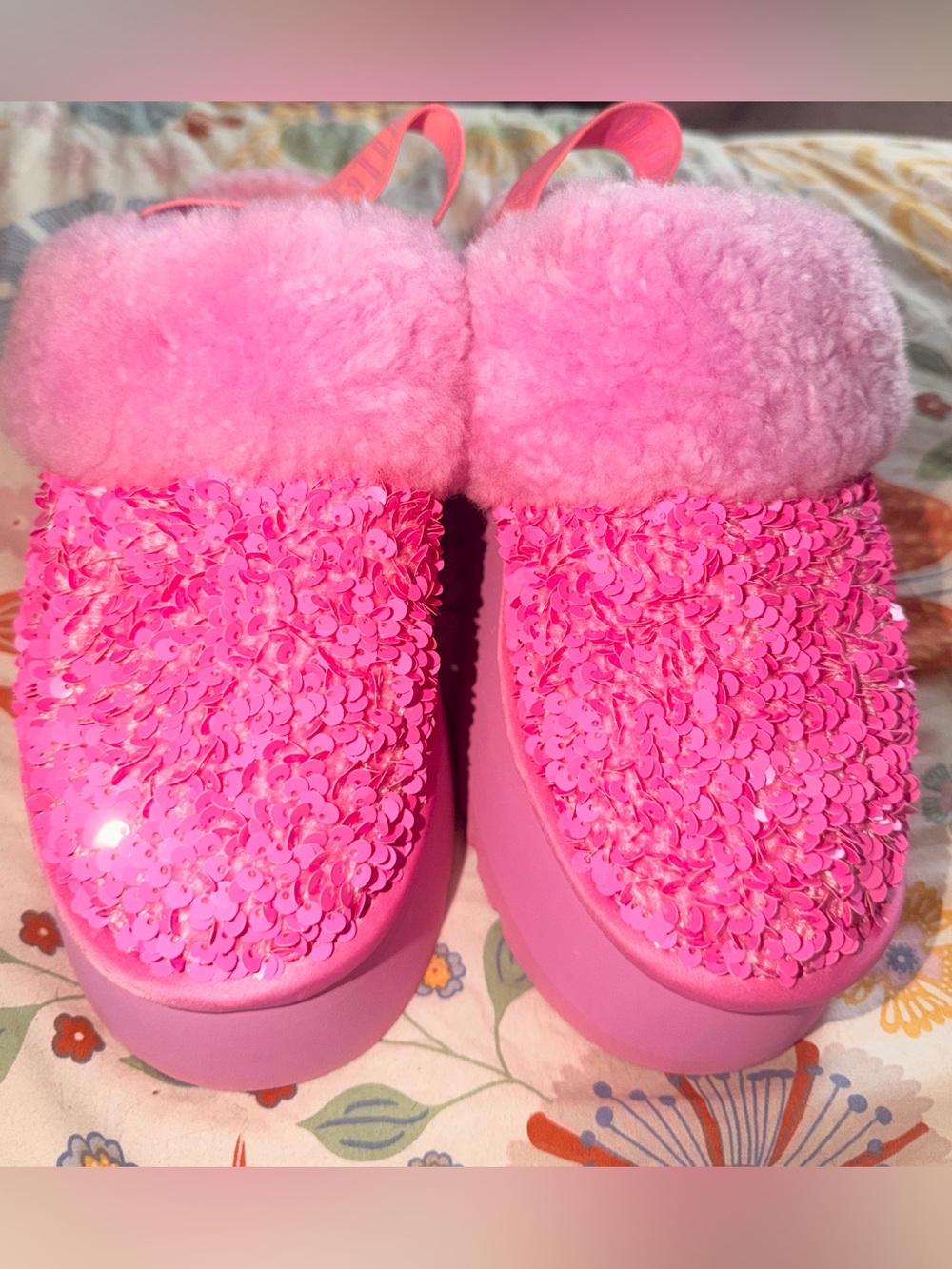 UGG Bright Pink Fluffy Slide with Branded Strap